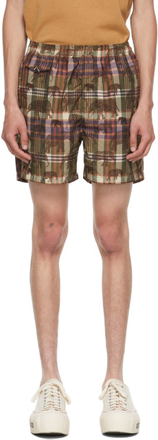 BEAMS PLUS Khaki Check Beach Shorts - Beams Plus Kaki Check Beach Shorts - 빔 플러스 카키 체크 비치 반바지