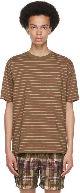 BEAMS PLUS Khaki Striped Nep Border T-Shirt - T-shirt à bordure de nep rayé Kaki - 빔 플러스 카키 스트라이프 네프 테두리 티셔츠