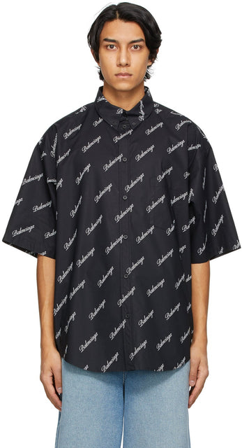 Balenciaga Black Script Logo Short Sleeve Shirt - Balenciaga Black Script logo Shirt à manches courtes - Balenciaga 블랙 스크립트 로고 짧은 소매 셔츠