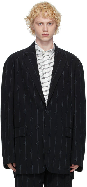 Balenciaga Black Striped Signature Logo Blazer - BLAZER BLAZER BLAZER SIGNATURE NOIR BLACKED - Balenciaga 블랙 스트라이프 서명 로고 블레이저