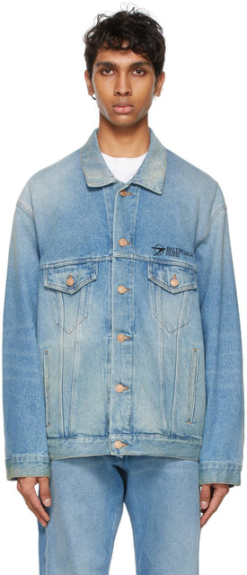 Balenciaga Blue Denim Oversized Logo Jacket - Veste de logo surdimensionnée de Balenciaga Blue Denim - Balenciaga 블루 데님 대형 로고 재킷