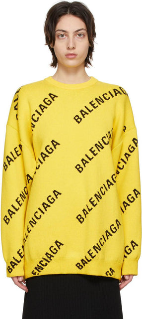 Balenciaga Yellow Allover Logo Sweater - Balenciaga Yellow Allerver logo Pull - Balenciaga 노란색 allover 로고 스웨터