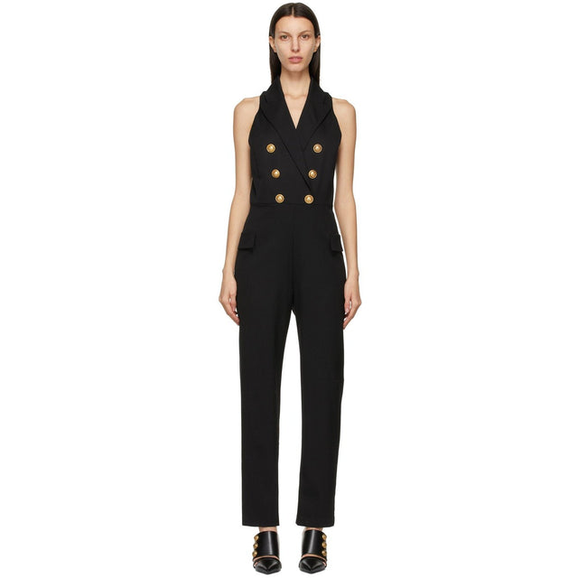 Balmain Black Wool 6-Button Jumpsuit - Combinaison à 6 boutons de laine noire Balmain - Balmain 검은 양모 6 버튼 Jumpsuit.