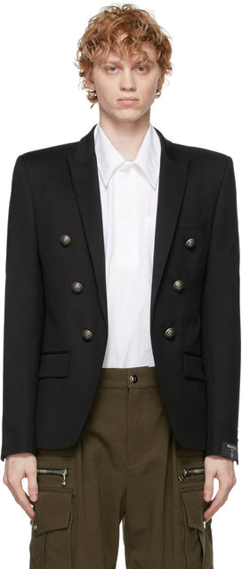 Balmain Black Wool Double-Breasted Blazer - Blazer à double boutonnage de laine noire Balmain - Balmain 검은 양모 더블 브레스트 블레이저