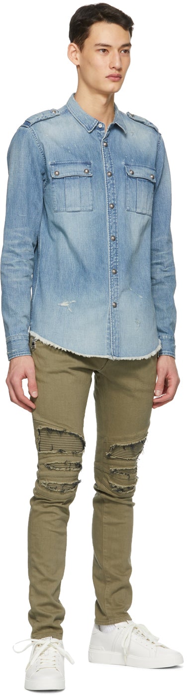 Balmain Blue Denim Embossed Logo Shirt