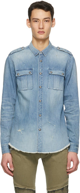 Balmain Blue Denim Embossed Logo Shirt - Chemise de logo en relief en jean bleu Balmain - Balmain 블루 데님 양각 로고 셔츠