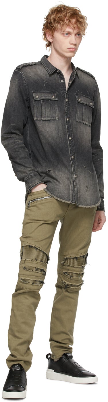 Balmain Grey Denim Embossed Logo Shirt