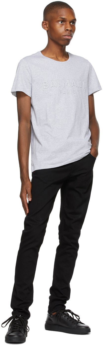 Balmain Grey Embossed Logo T-Shirt