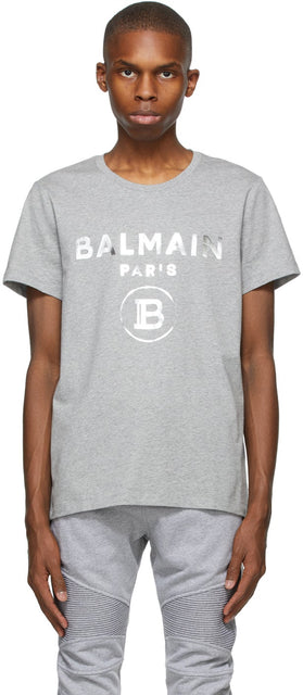 Balmain Grey Foil Logo Print T-Shirt - T-shirt imprimé logo gris Balmain gris - Balmain 그레이 호일 로고 인쇄 티셔츠