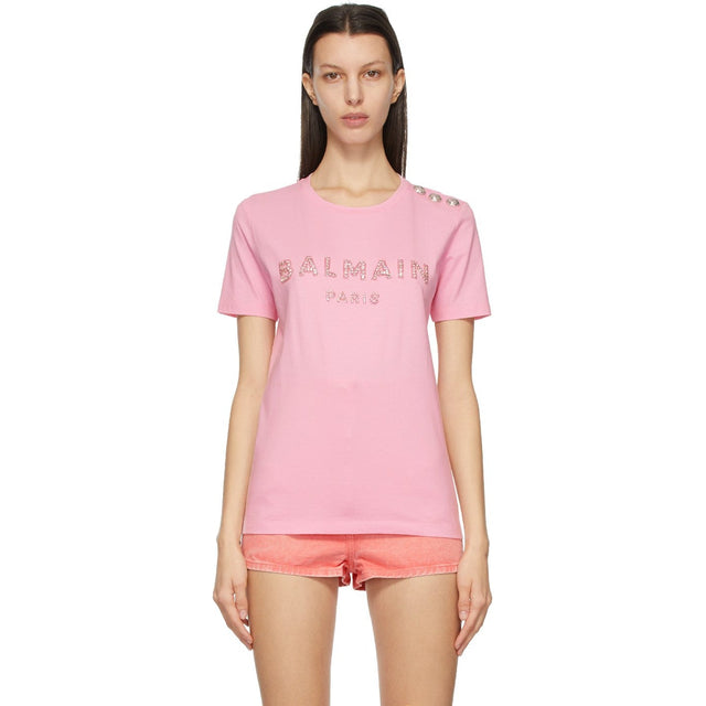 Balmain Pink Crystal Logo T-Shirt - T-shirt de logo en cristal rose Balmain - Balmain 핑크 크리스탈 로고 티셔츠