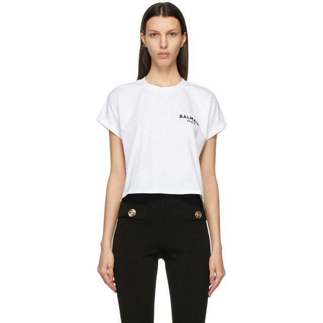 Balmain White Cropped Logo T-Shirt - T-shirt de logo recadré blanc Balmain - Balmain 화이트 자른 로고 티셔츠