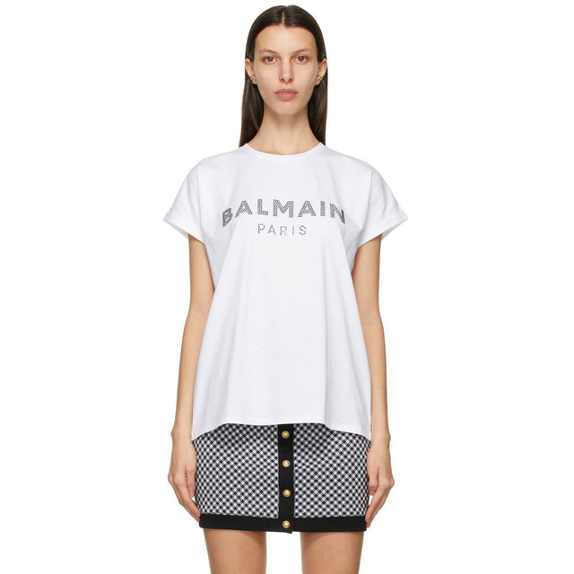 Balmain White Rhinestone Logo T-Shirt - T-shirt logo strass blanc BALMAIN - Balmain White Rhinestone 로고 티셔츠