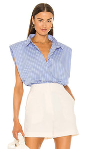Bardot Stripe Shoulder Pad Shirt in Blue Bardot Stripe Spowder Pavrette en bleu 蓝色的Bardot Stripe肩垫衬衫