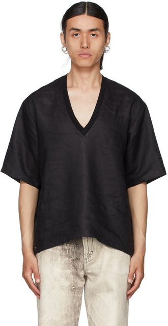 Bless Black Linen V-Neck T-Shirt - Bénie T-shirt T-shirt en V-Col V noir - 축복 블랙 린넨 V 넥 티셔츠