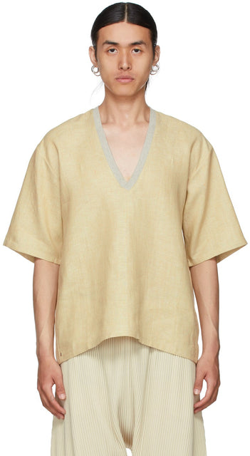 Bless Yellow Linen V-Neck T-Shirt - Bénis t-shirt à col en V jaune - 축복 노란색 린넨 V 넥 티셔츠
