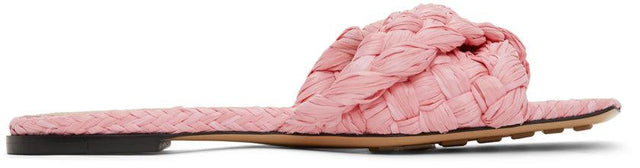 Bottega Veneta Pink Raffia Stretch Flat Sandals - Bottega Veneta Raffia Raffia Stretch Plat Sandals - Bottega Veneta 핑크 라피아 스트레치 플랫 샌들