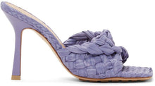 Bottega Veneta Purple Raffia Stretch Heeled Mules - Bottega Veneta Purple Raffia Stretch Heeled Mules - Bottega Veneta 보라색 라피아 스트레치 힐즈 멜빵