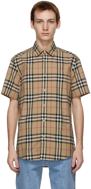 Burberry Beige Check Poplin Short Sleeve Shirt - Chemise à manches courtes en popeline Burberry beige - 버버리 베이지 체크 포플린 짧은 소매 셔츠