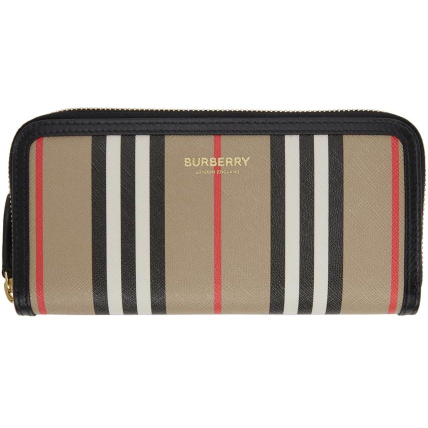 New Burberry Icon Stripe E-canvas and Leather Card Holder in Archive Beige
