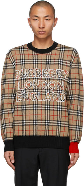 Burberry Beige Jacquard Check Logo Sweater - Burberry Beige Jacquard Vérifiez le logo Pull - 버버리 베이지 자 카드 로고 스웨터 체크