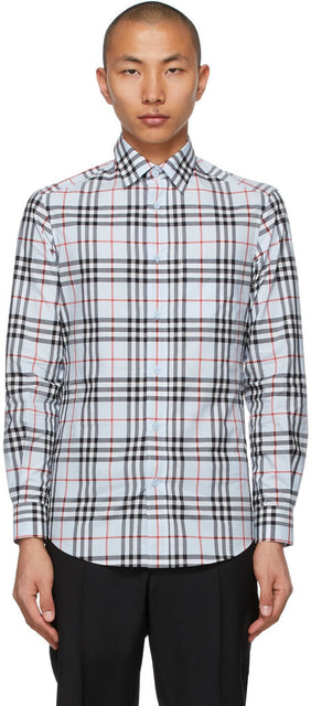 Burberry Blue Poplin Check Logo AppliquÃ© Shirt - Burberry Blue Poplin Check Logo Appliqué - 버버리 블루 포플린 확인 로고 appliqué © shirt.