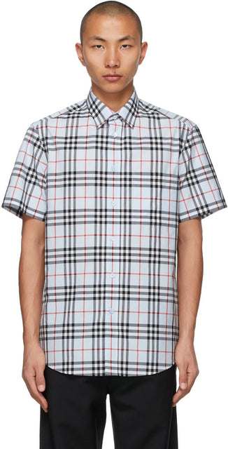 Burberry Blue Poplin Check Logo AppliquÃ© Short Sleeve Shirt - Burberry Blue Poplin Check Logo Appliqué Chemise à manches courtes - 버버리 블루 포플린 확인 로고 Appliqué 짧은 소매 셔츠