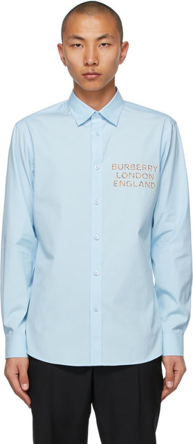 Burberry Blue Stretch Poplin Logo AppliquÃ© Shirt - APPLIQUÉ DE LOGO POPLINE STRETT BURBERY BLUE STRETT - 버버리 블루 스트레치 포플린 로고 Appliqué © Shirt.