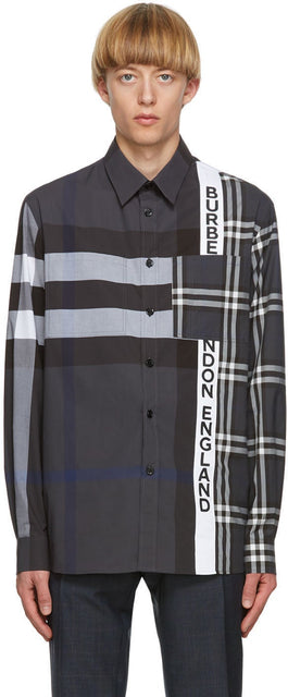 Burberry Grey Patchwork Talby Shirt - Burberry gris Patchwork Talby Shirt - 버버리 회색 패치 워크 Talby Shirt.