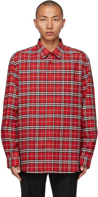 Burberry Red Stretch Poplin Check Logo AppliquÃ© Shirt - Burberry Red Stretch Poplin Vérifiez le logo Appliqué - 버버리 레드 스트레치 포플린 확인 로고 Appliqué © shirt.