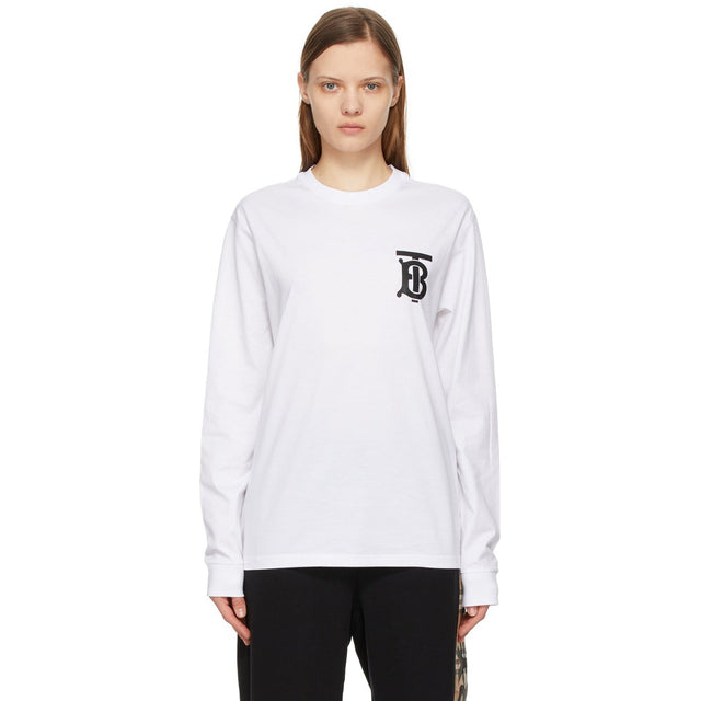 Burberry White Monogram Atherton Long Sleeve T-Shirt - T-shirt à manches longues Burberry blanche monogramme ATHERTON - 버버리 화이트 모노그램 아테 튼 긴 소매 티셔츠