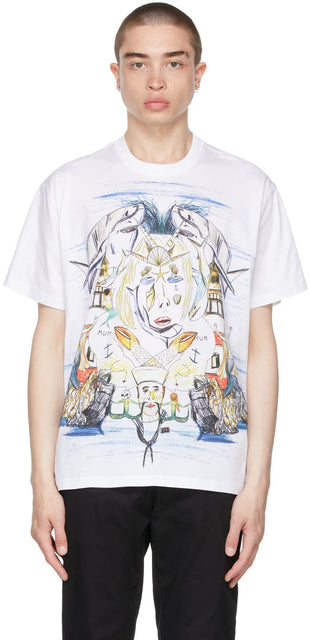 Burberry White Oversized Marine Sketch T-Shirt - T-shirt de croquis marin blanc surdimensionné burberry surdimensionné - 버버리 화이트 대형 마린 스케치 티셔츠