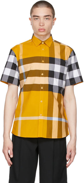 Burberry Yellow Check Stretch Poplin Short Sleeve Shirt - Chemise à manches courtes en popeline d'étirement de burberry jaune - 버버리 옐로우 체크 스트레치 포플린 반팔 셔츠