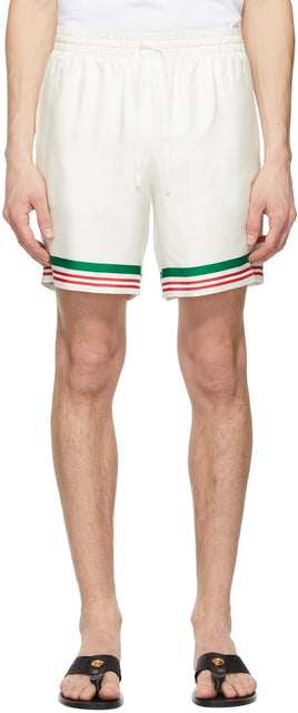 Casablanca White Silk Tennis Stripe Shorts - Shorts de rayures de tennis en soie blanche Casablanca - 카사 블랑카 화이트 실크 테니스 스트라이프 반바지