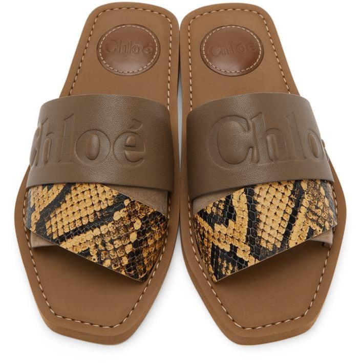 ChloÃ© Khaki Snake Woody Flat Mules