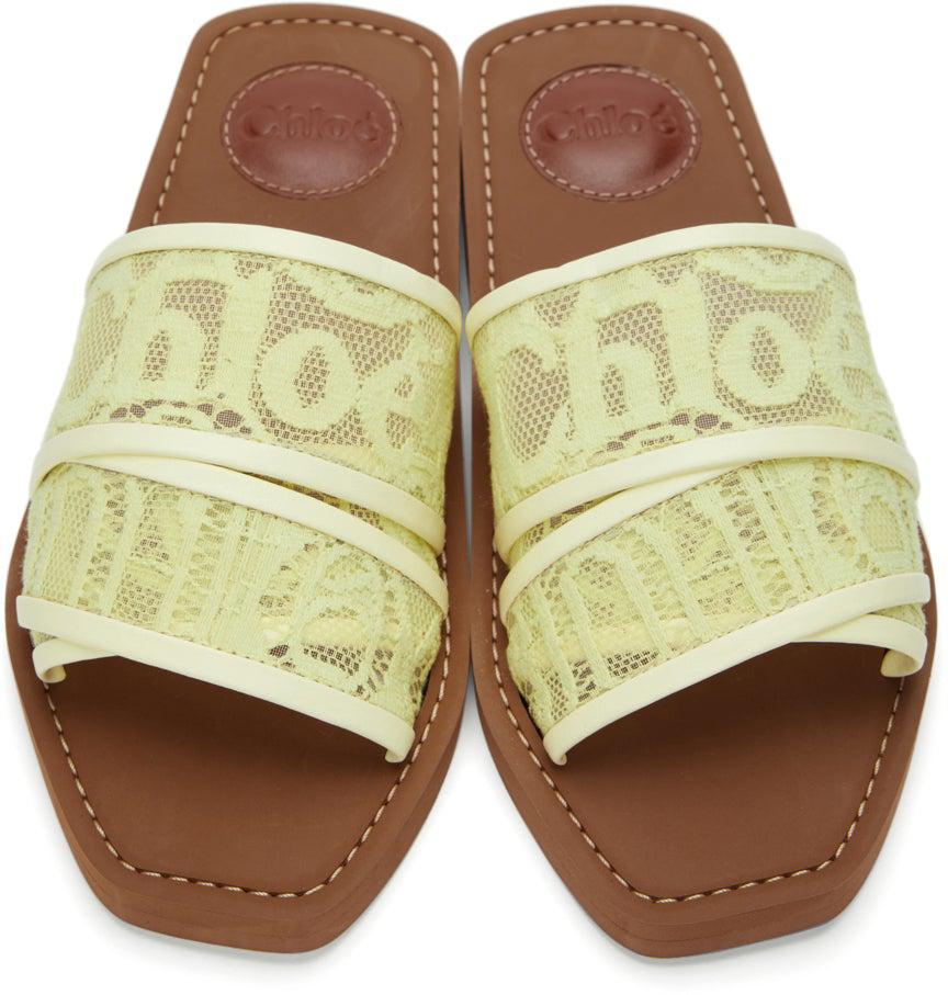 ChloÃ© Yellow Lace Woody Flat Mules