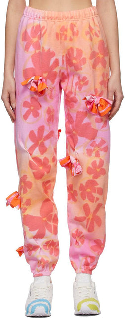 Collina Strada Pink Flower Patch Bow Lounge Pants - Collina Strada Rose Flower Patch Bow Lounge Pantalon - Collina Strada 핑크 꽃 패치 활 라운지 바지