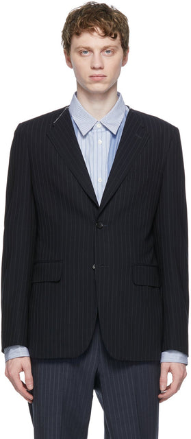 Comme des GarÃ§ons Homme Deux Navy Wool Twisted Stripe Blazer - Blazer à rayures tordues de la laine de laine de laine bleu marine Homme des garçons - comme des garÃ§ons homme deux 해군 양모 트위스트 스트라이프 블레이저