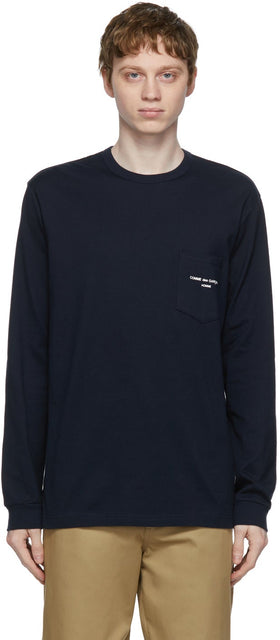 Comme des GarÃ§ons Homme Navy Logo Pocket Long Sleeve T-Shirt - T-shirt à manches longues à manches longues à manches longues de la marine - comme des garÃ§ons homme 네이비 로고 포켓 긴 소매 티셔츠