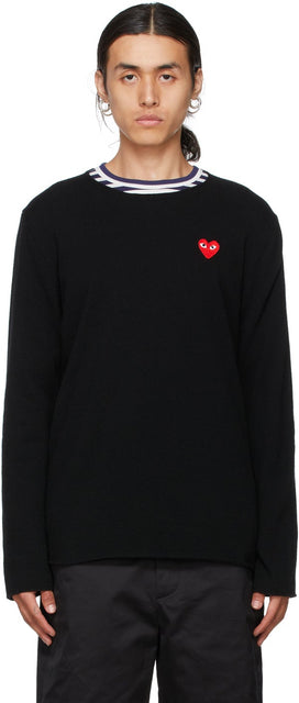 Comme des GarÃ§ons Play Black Wool Heart Patch Long Sleeve T-Shirt - T-shirt à manches longues de coeur de coeur de coeur de laine noire - comme des garÃ§ons 검은 양모 심장 패치 긴 소매 티셔츠