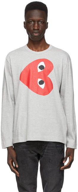 Comme des GarÃ§ons Play Grey Horizontal Heart Long Sleeve T-Shirt - T-shirt à manches longues horizontales grises - comme des garÃ§ons 회색 가로 심장 긴 소매 티셔츠 재생