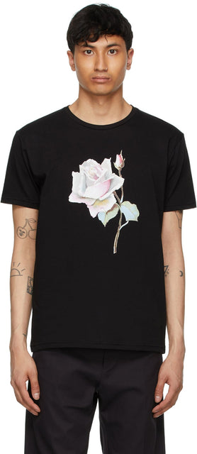 Davi Paris Black Printed Rose T-Shirt - T-shirt Rose imprimé noir Davi Paris - 데이비 파리 블랙 인쇄 장미 티셔츠