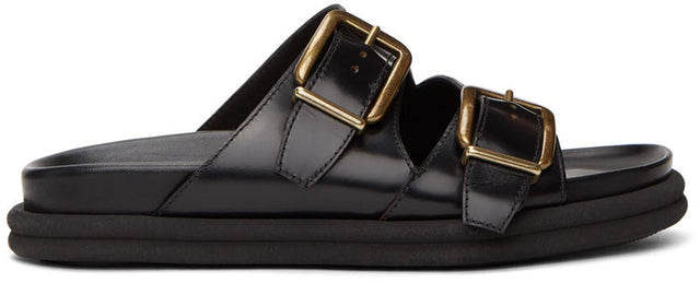 Dries Van Noten Black Leather Slip-On Sandals - Sèche sandales de glissement en cuir noir - 밴, 블랙 가죽 슬립 온 샌들을 마시 러
