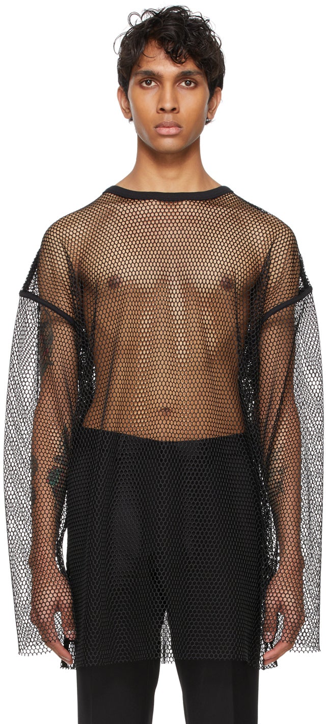 Dries Van Noten Black Mesh Long Sleeve T-Shirt - DRIES VAN NOTE NOTE NOIR MANCHE T-shirt à manches longues - 바퀴 밴 알코올 블랙 메쉬 긴 소매 티셔츠