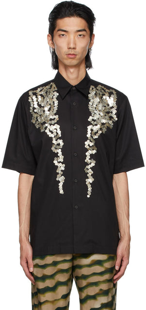 Dries Van Noten Black Poplin Sequinned Short Sleeve Shirt - Dries Van Noten Chemise à manches courtes à la manches courtes pausées - 밴 밴 알지 흑인 포플린 스팽글이 짧은 소매 셔츠