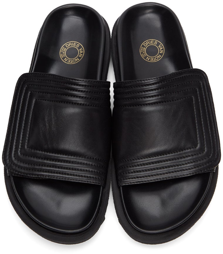 Dries Van Noten Black Quilted Leather Slides