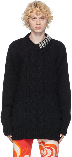 Dries Van Noten Black Rhinestone Collar Sweater - SHARIE VAN NOTE NOI NOIR SHINESTONE COLLIRE COLLIER - 바퀴 밴 노켄 블랙 라인 석 칼라 스웨터