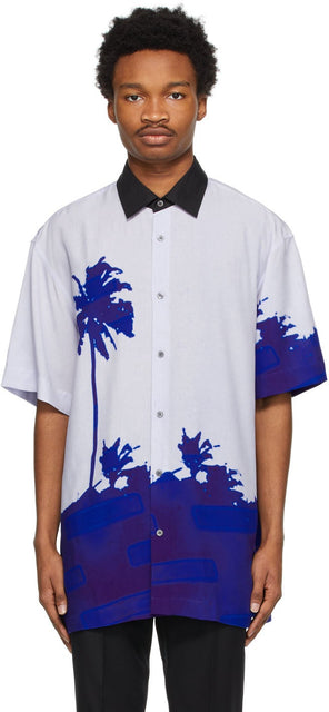 Dries Van Noten Blue Len Lye Edition Contrast Collar Graphic Short Sleeve Shirt - Dries Van Noten Blue Len Lye Édition Contraste Collier Graphique Chemise à manches courtes - Dries van noten 블루 렌 잿빛 에디션 대비 칼라 그래픽 짧은 소매 셔츠