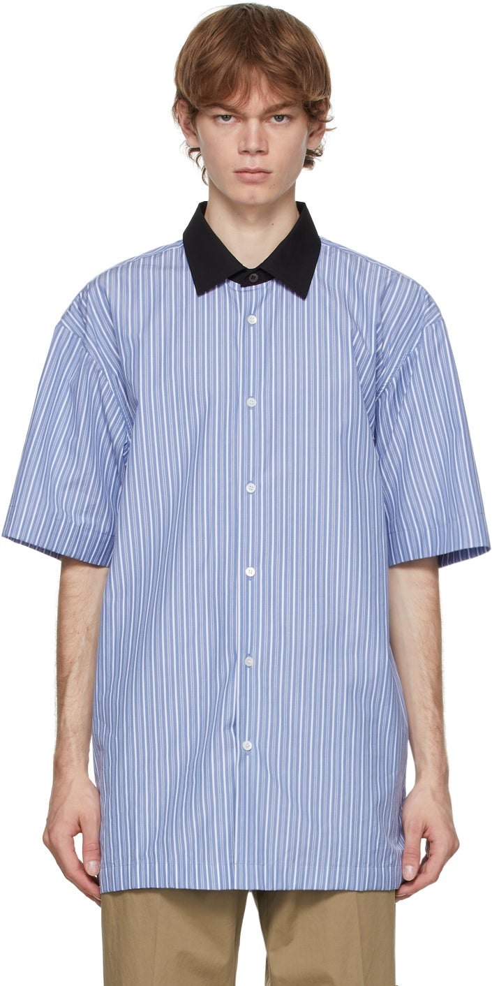Dries Van Noten Blue Len Lye Edition Striped Graphic Short Sleeve Shirt - Dries Van Noten Blue Len Lye Edition Rayée Chemise à manches courtes à manches courtes - 밴 알지 블루 Len Lye Edition 스트라이프 그래픽 짧은 소매 셔츠