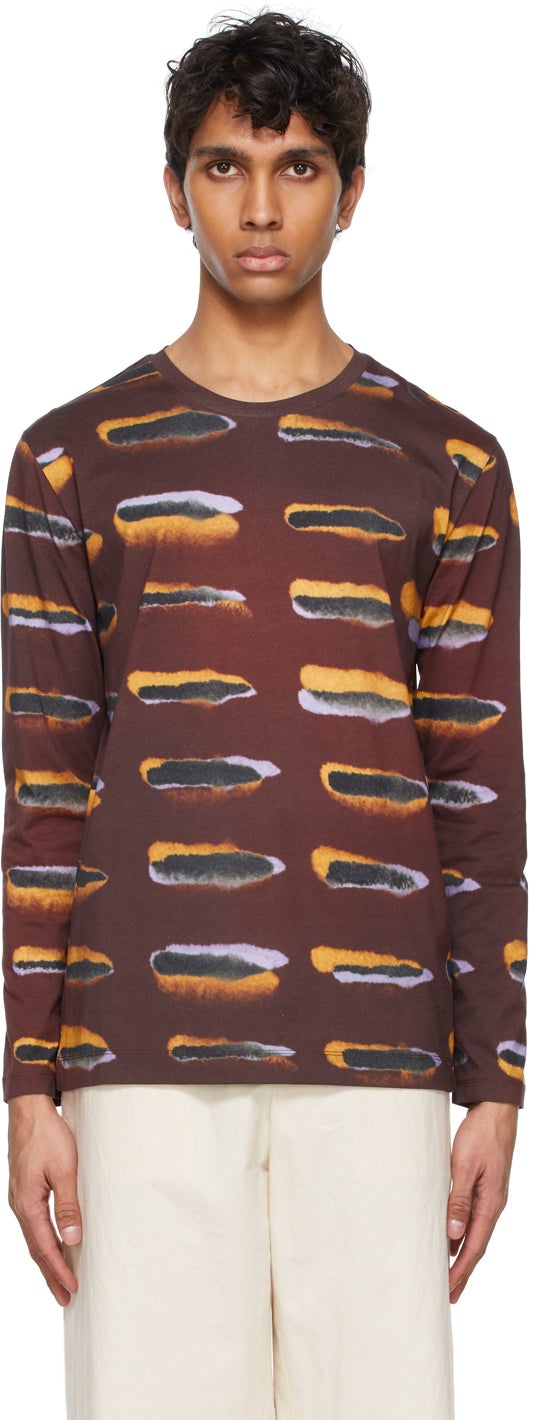 Dries Van Noten Burgundy Graphic Print Long Sleeve T-Shirt - DRIES VAN NOTEN T-shirt à manches longues graphique Bourgogne - 건조 밴 알지 부르고뉴 그래픽 인쇄 긴 소매 티셔츠