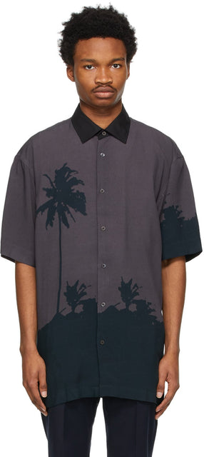 Dries Van Noten Grey Len Lye Edition Contrast Collar Graphic Short Sleeve Shirt - Sèche Van Noten Grey Len Laune Édition Contraste Collier Graphique Chemise à manches courtes - 밴 알 렌 그레이 렌 Lye Edition 대비 칼라 그래픽 짧은 소매 셔츠